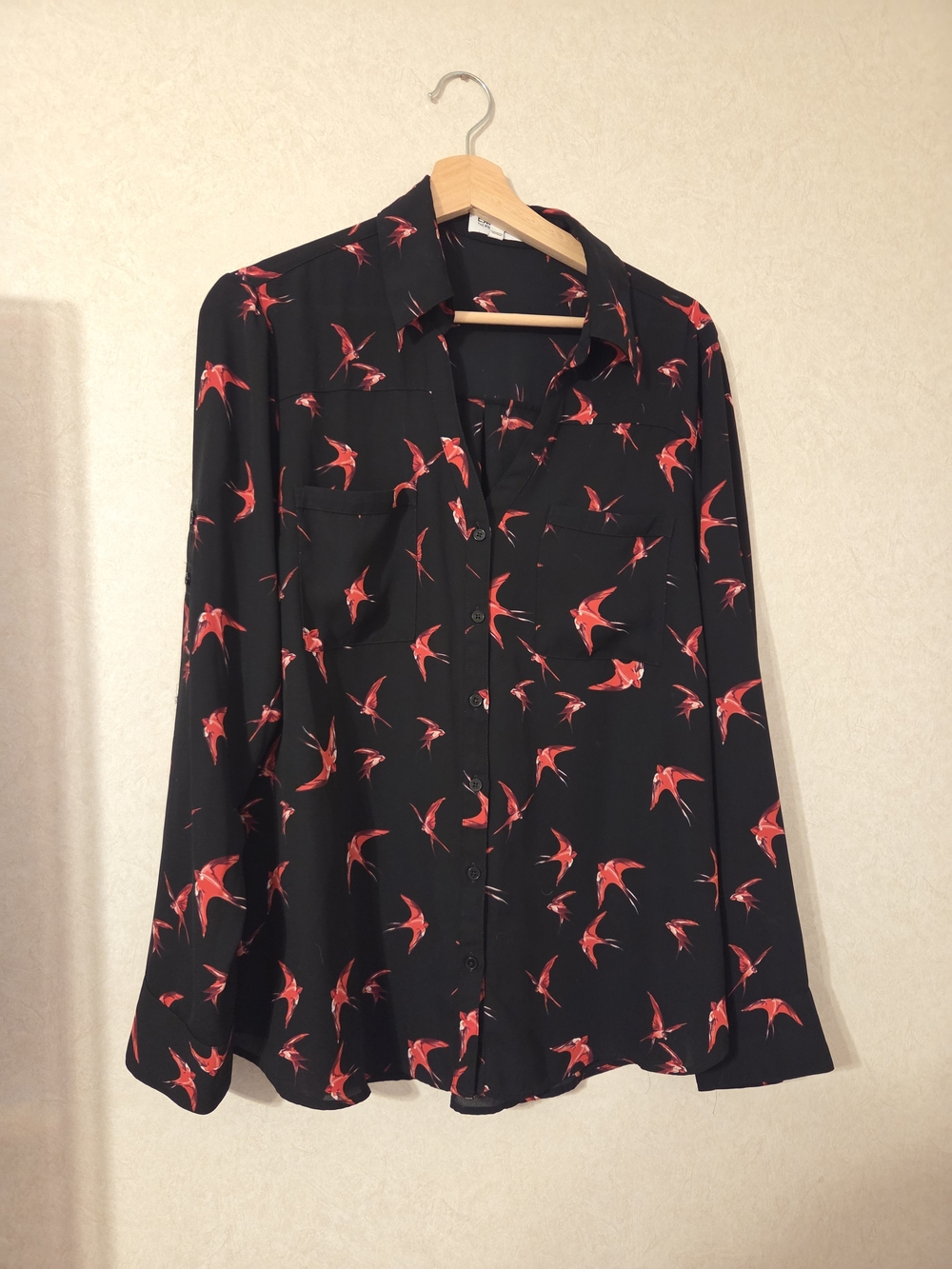 Express Black Button-Down Shirt with Red Bird Print